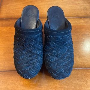 Ugg black suede clogs with silver studs and fuzzy interior